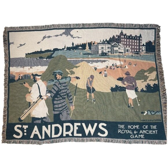 St Andrews Golf Afghan Throw Blanket Tapestry GOODWIN WEAVERS 29.5x67" - Picture 2 of 11